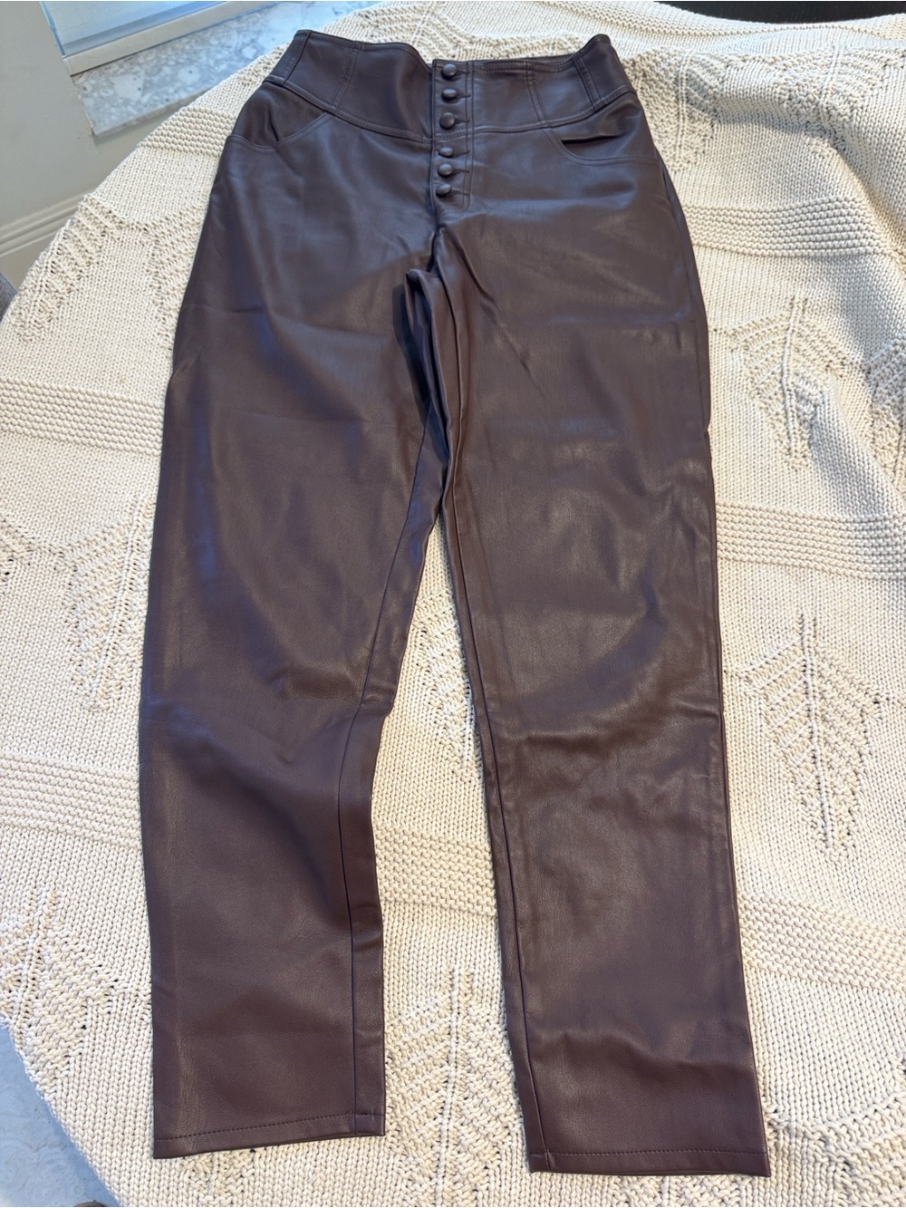High-Waist Faux Leather look Button-Front Pants in Dark Brown